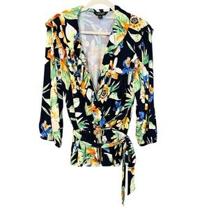 Lauren Ralph Lauren Tropical Print Wrap Front Tie Waist Top Black Multi Size XL
